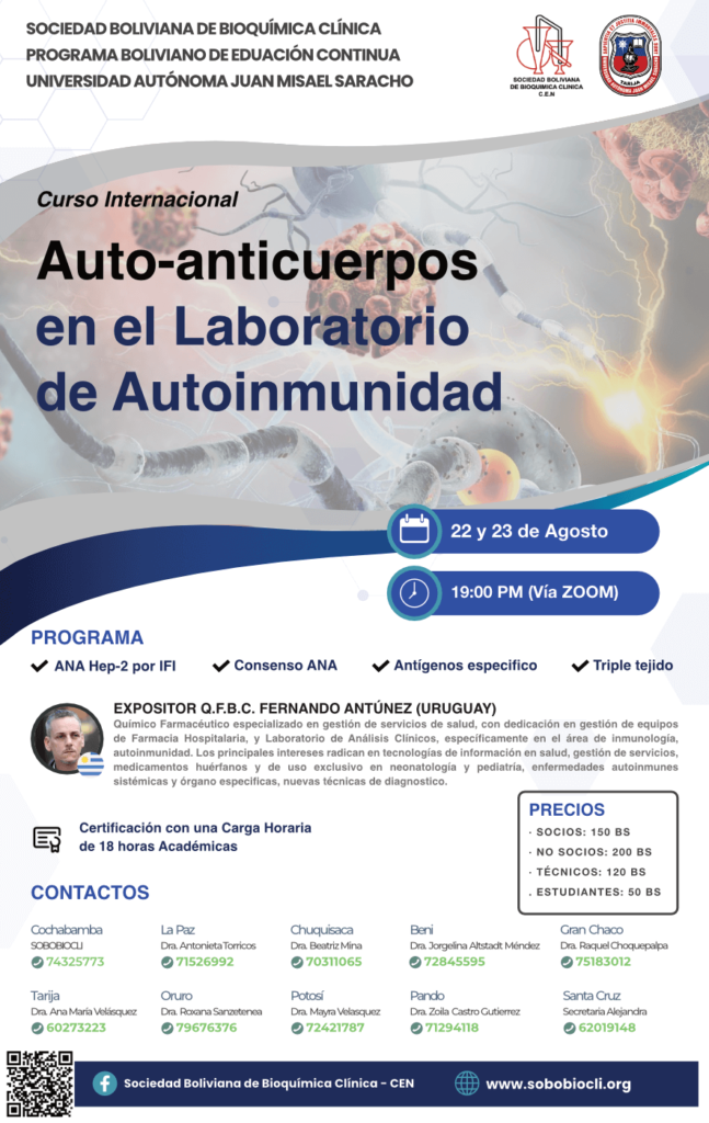 Imagen promocional del Curso Internacional Auto-anticuerpos en el Laboratorio de Autoinmunidad de la Sociedad Boliviana de Bioquímica Clínica