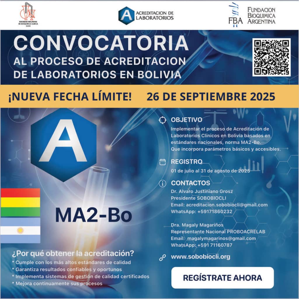 Convocatoria al Proceso de Acreditación de Laboratorios Clínicos en Bolivia 2025 – SOBOBIOCLI amplía el registro hasta el 26 de septiembre bajo la norma MA2-Bo.