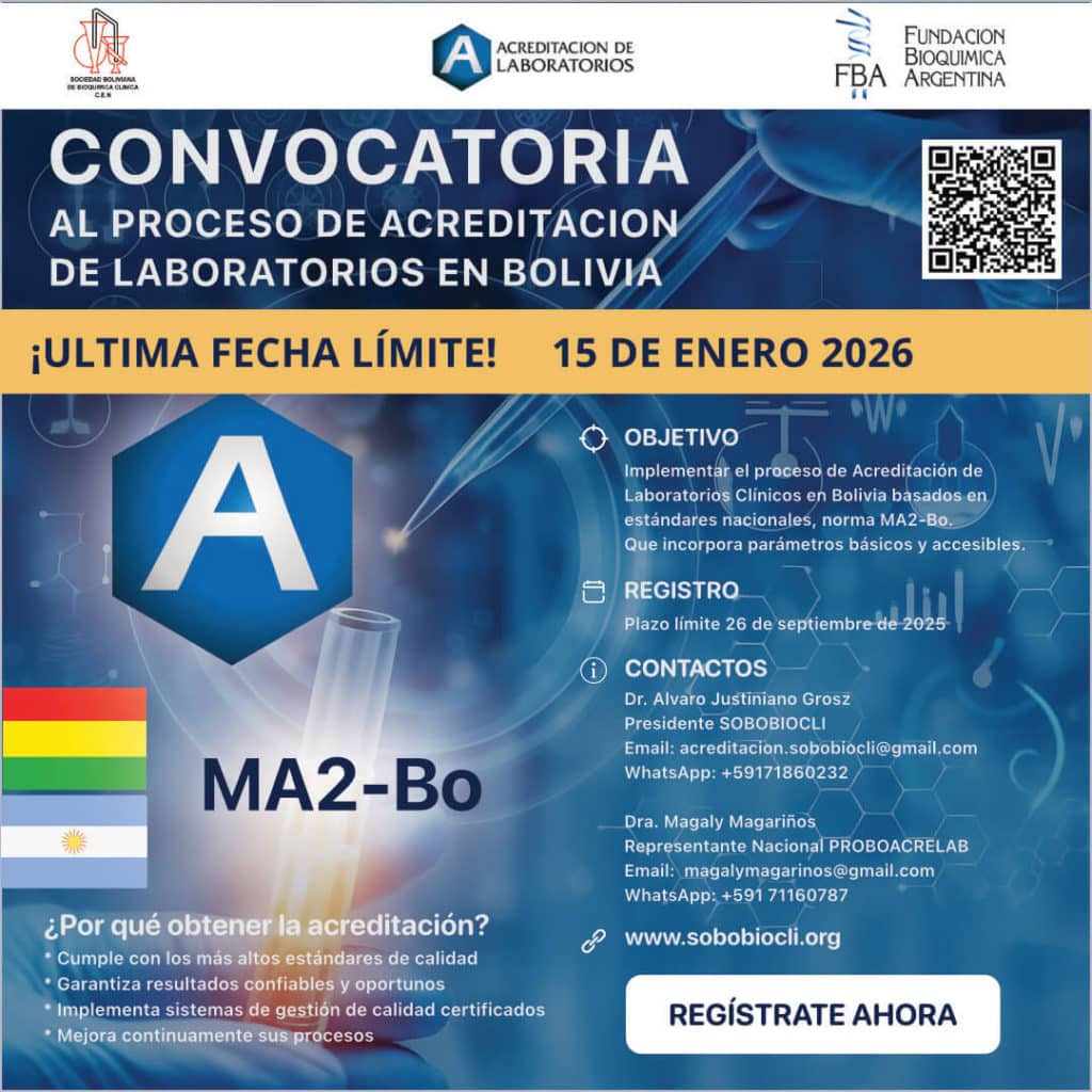 Flyer oficial del PROBOACRELAB con la ampliación del plazo de registro hasta el 15 de enero de 2026 para la acreditación de laboratorios clínicos en Bolivia