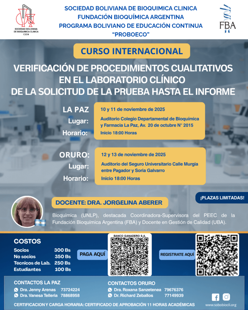 Flyer Curso Internacional de Verificación de Procedimientos Cualitativos en el Laboratorio Clínico con información de fechas, sedes y docentes.