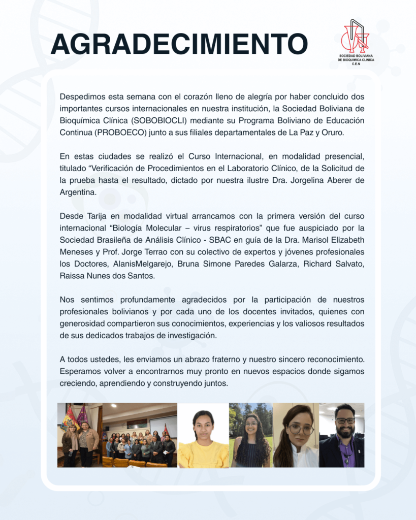Agradecimiento de cursos internacionales en bioquímica clínica