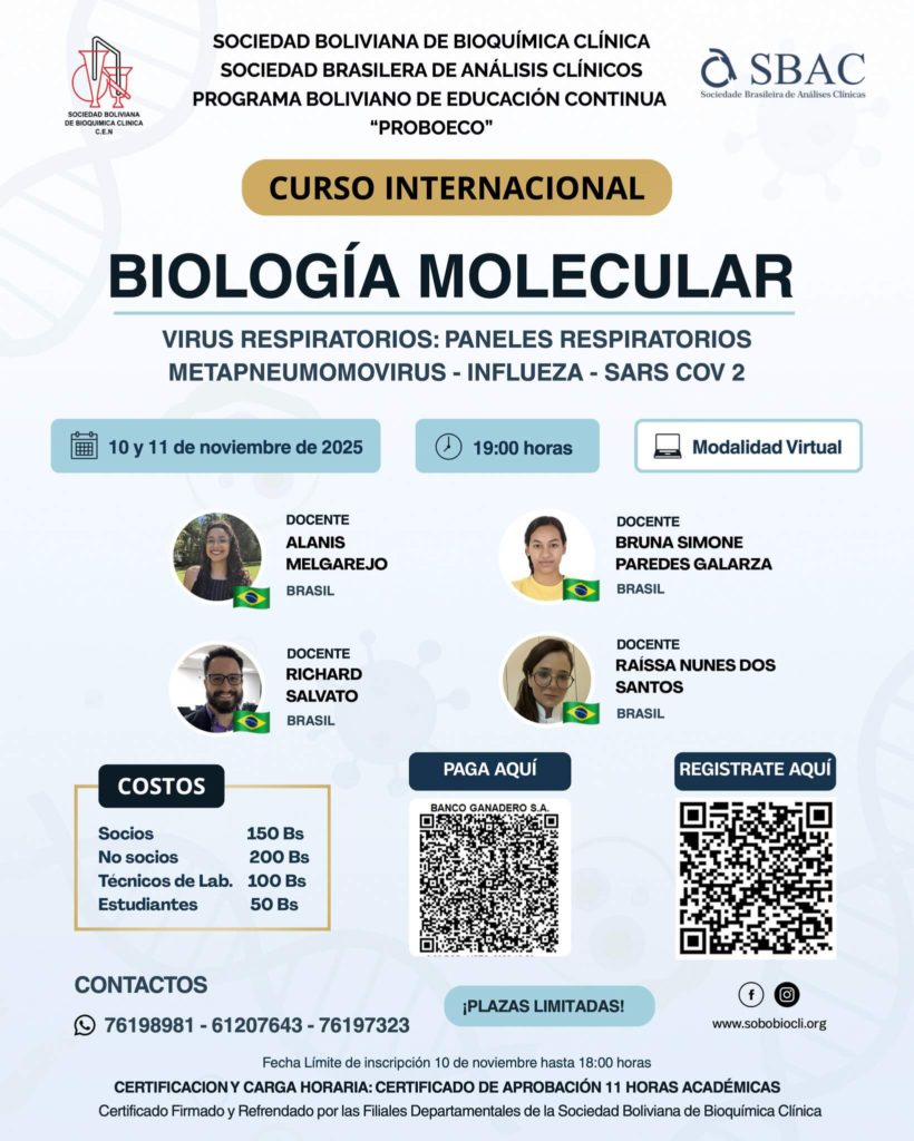 Flyer del Curso Internacional Virtual de Biología Molecular – Virus Respiratorios 2025 (SOBOBIOCLI y SBAC)