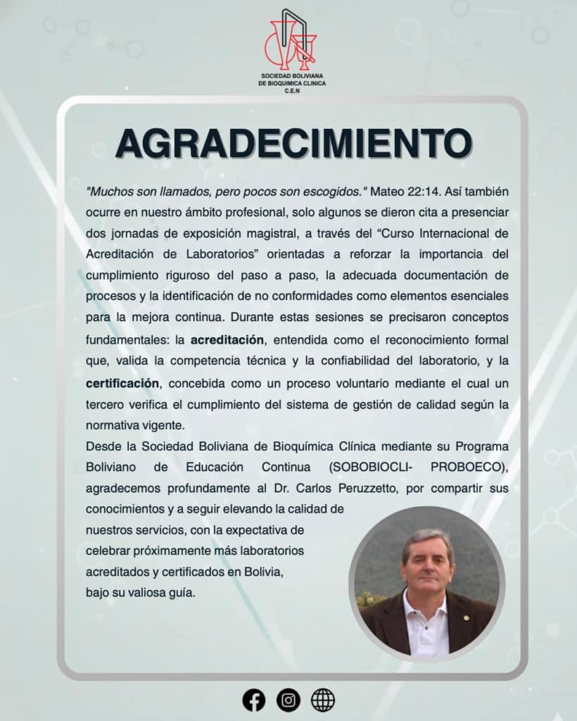 Agradecimiento por el Curso Internacional de Acreditación de Laboratorios organizado por SOBOBIOCLI