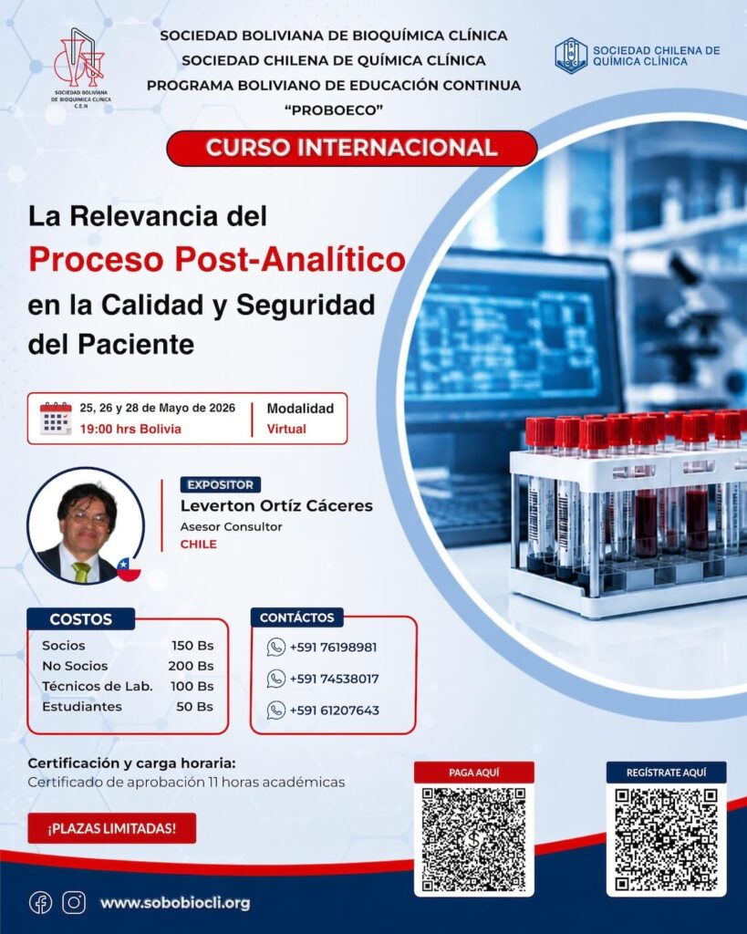 Curso internacional de SOBOBIOCLI 2026 sobre la relevancia del proceso post-analítico en el laboratorio clínico.