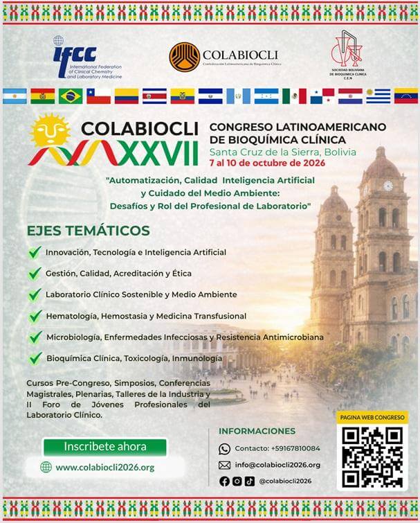 Banner promocional del programa científico y ejes temáticos del Congreso Latinoamericano de Bioquímica Clínica COLABIOCLI 2026.