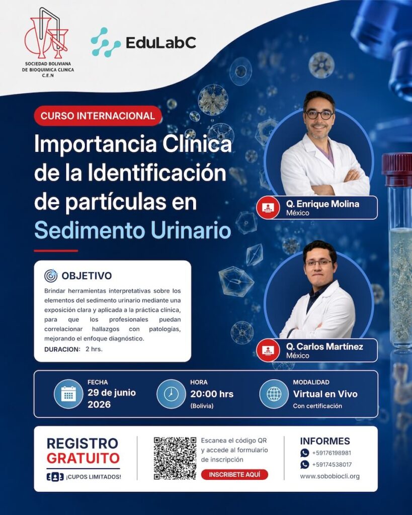 Flyer del curso sobre sedimento urinario de SOBOBIOCLI con los ponentes Enrique Molina y Carlos Martínez.