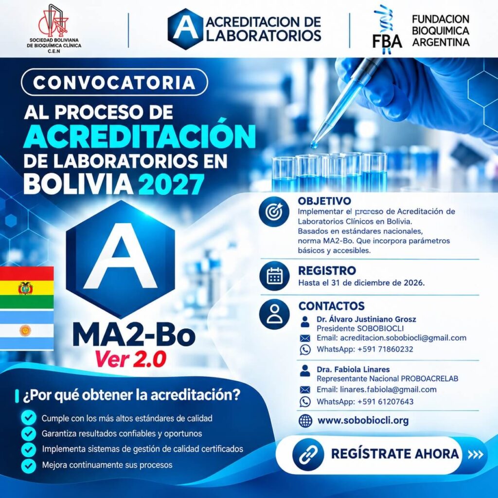Convocatoria 2027 para el proceso de acreditación de laboratorios clínicos en Bolivia, bajo la norma MA2-Bo Ver. 2.0
